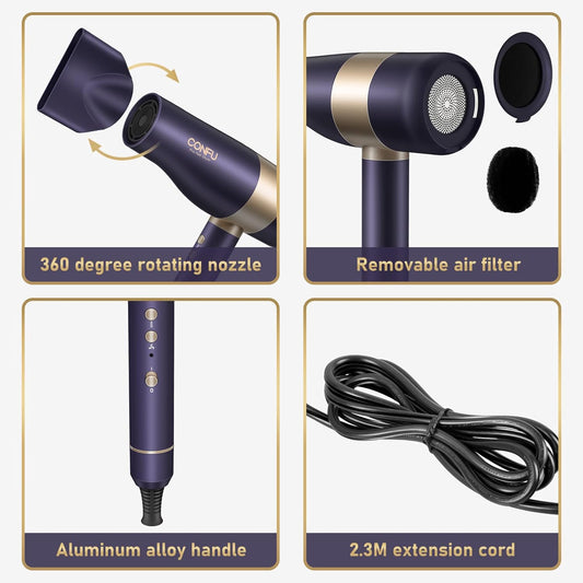 Haardroër, CONFU Blaser met Diffuser Negatiewe Ioniese Haardroër, 110000 RPM Hoë Professionele Haardroër vir Vinnige Droog, Lae Geraas Termobestuur Haardroër