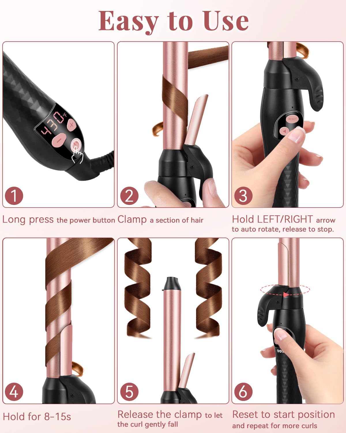 Automatic Rotating Curling Iron – 1 Inch Ceramic Barrel Curling Wand for Medium to Long Hair & Beach Waves, Self-Spinning Hair Curler with LCD Display 250°F–430°F, Dual Voltage, Rose Gold