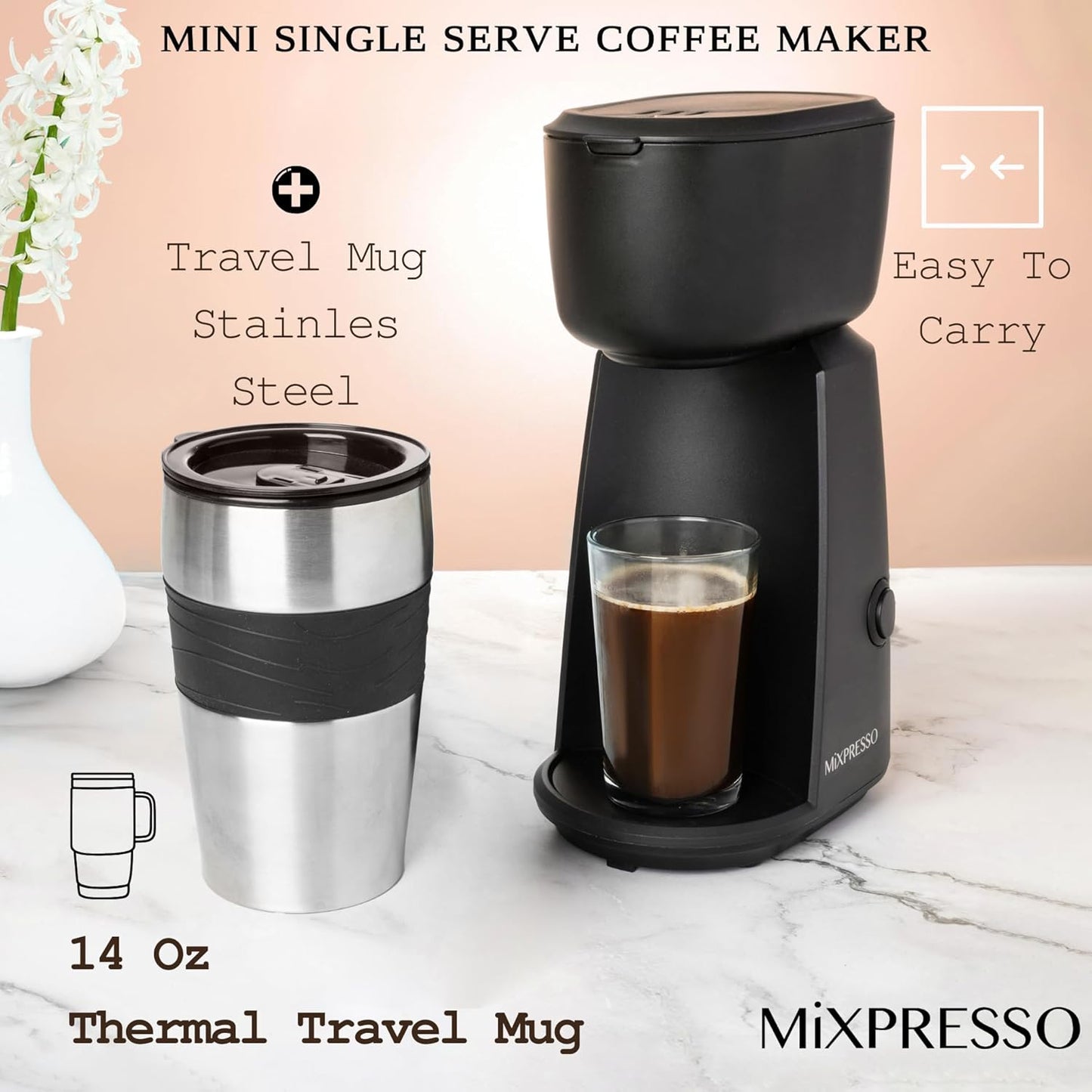 Mixpresso Persoonlike Enkelbediening-koffiemaker en 414ml-reismok, Drup Klein Koffiemaker en Tuimelaar, Outo-afskakeling en Herbruikbare Filter, Versoenbaar met Gemaalde Koffie