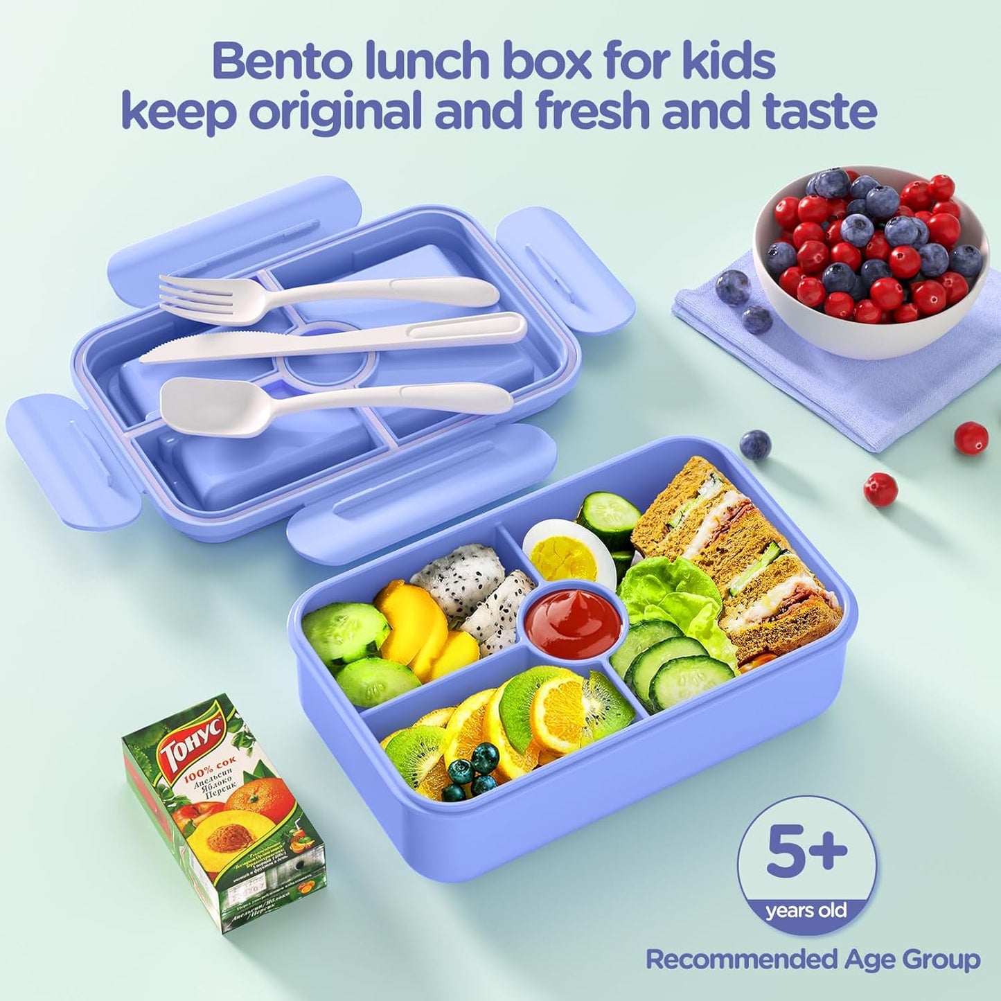 Bento Lunch Box for Kids - Leakproof Bento Boxes w/ 4 Compartments - Reusable On-the-Go Meal - Macaron