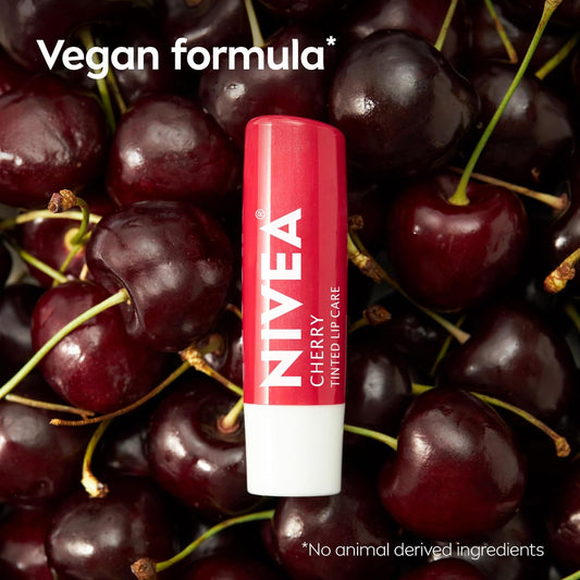 NIVEA Cherry Lip Care, Getinte Lipbalsem Pakkie met Shea Botter, Voedende Olies en Vitamien C & E, 3-in-1 Vog, Herstel en Kleur, 0.17 Oz Stokkie, Pakkie van 4