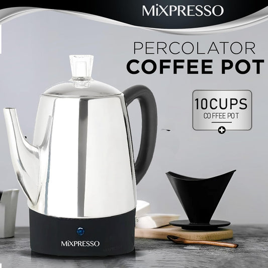Mixpresso 10 Koppie Perkolatorkoffiepot Elektries, Vlekvrye Staal Koffieperkolator Elektries Met Warmhoufunksie, Klassieke Perkolatorpot Met Verwyderbare Mandjie Vir Huis of Kantoor