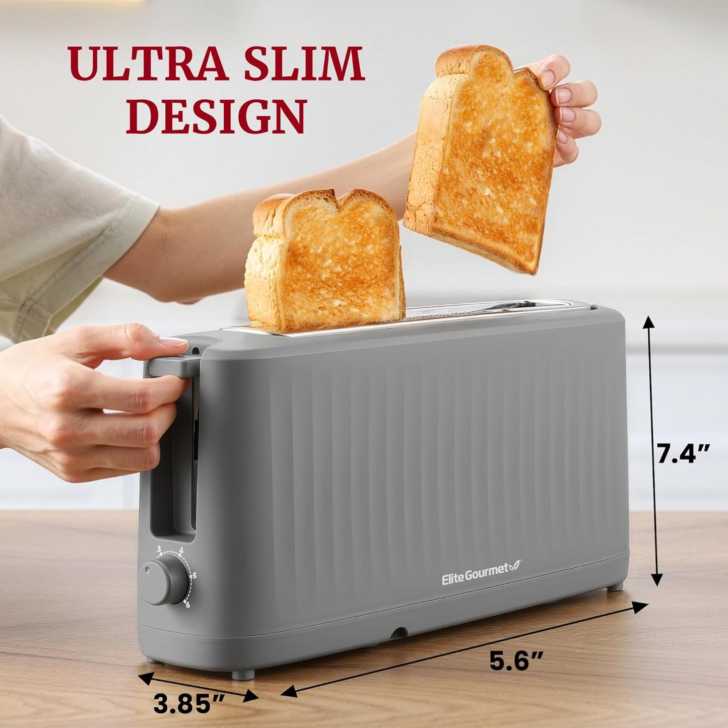 Slim Toast Gourmet 2-Sny Langgleuf-broodrooster, Koel-aanraakbehuising, 6 Bruiningskakerings, Ekstra-wye 1.5" Gleuf vir Artisanbrood, Bagels, Wafels & Engelse Muffins - (Grys)