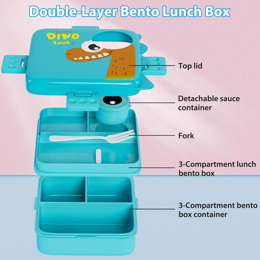 Freshmage Plastiek Dubbellaag Bento-boks-houer met 3 Kompartemente, Groot Kapasiteit Lekvry en BPA-vry Bento-middageteboks, Duursaam, Valbestand, Skottelgoedwasser- en Mikrogolfveilig, Blou