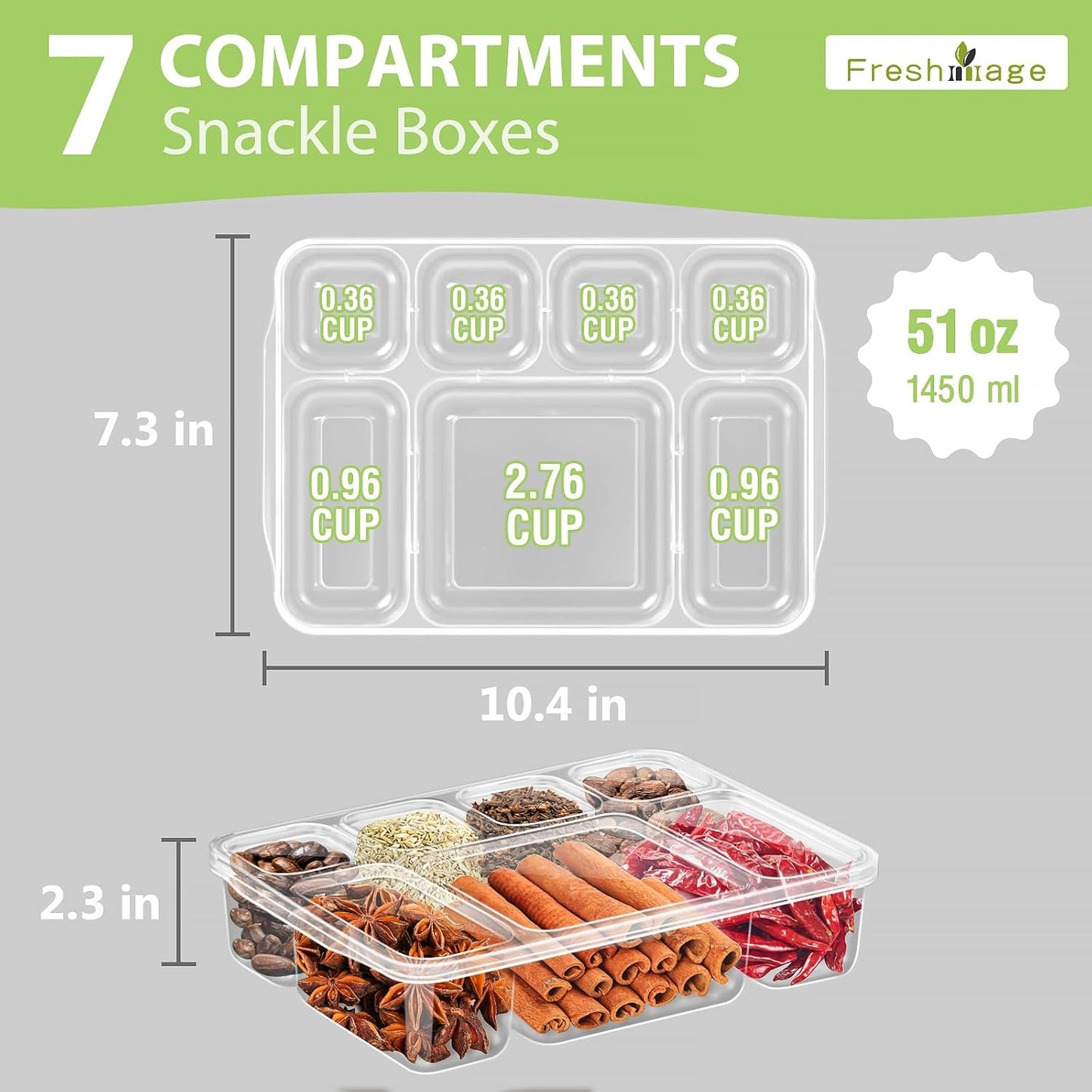 Freshmage Snackle Box Houer - 2 Pak, 7 Kompartement Verdeelde Opdienbak met Deksel, Draagbare Deursigtige Happieboks Houers vir Lekkers, Vrugte, Neute en Peuselhappies – Ideaal vir Reis, Partytjies, Pieknieks