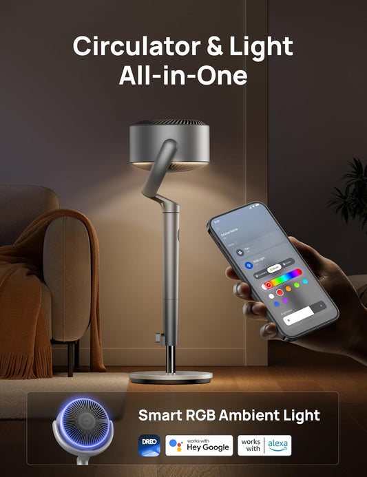 Slim Ossillerende Waaier 120° Omnirigting, 27m Stil Voetstuk m/ RGB Lig, 9 Spoede, 6 Modusse 8H Tydhouer, Wi-Fi/Stem, 94-107cm - Silwer