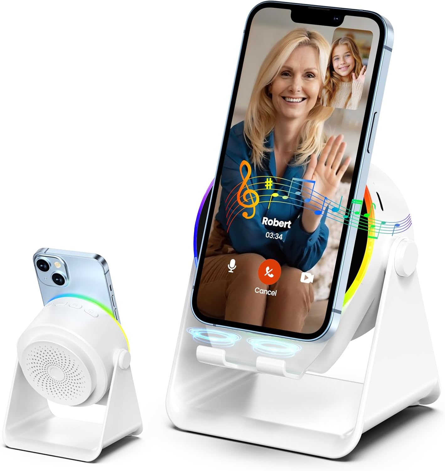 Wireless Induction Audio Bluetooth Speaker, 4 in 1 Phone Stand Speakers Amplifier with Colorful Ambient Light,360° Adjustable Holder- White
