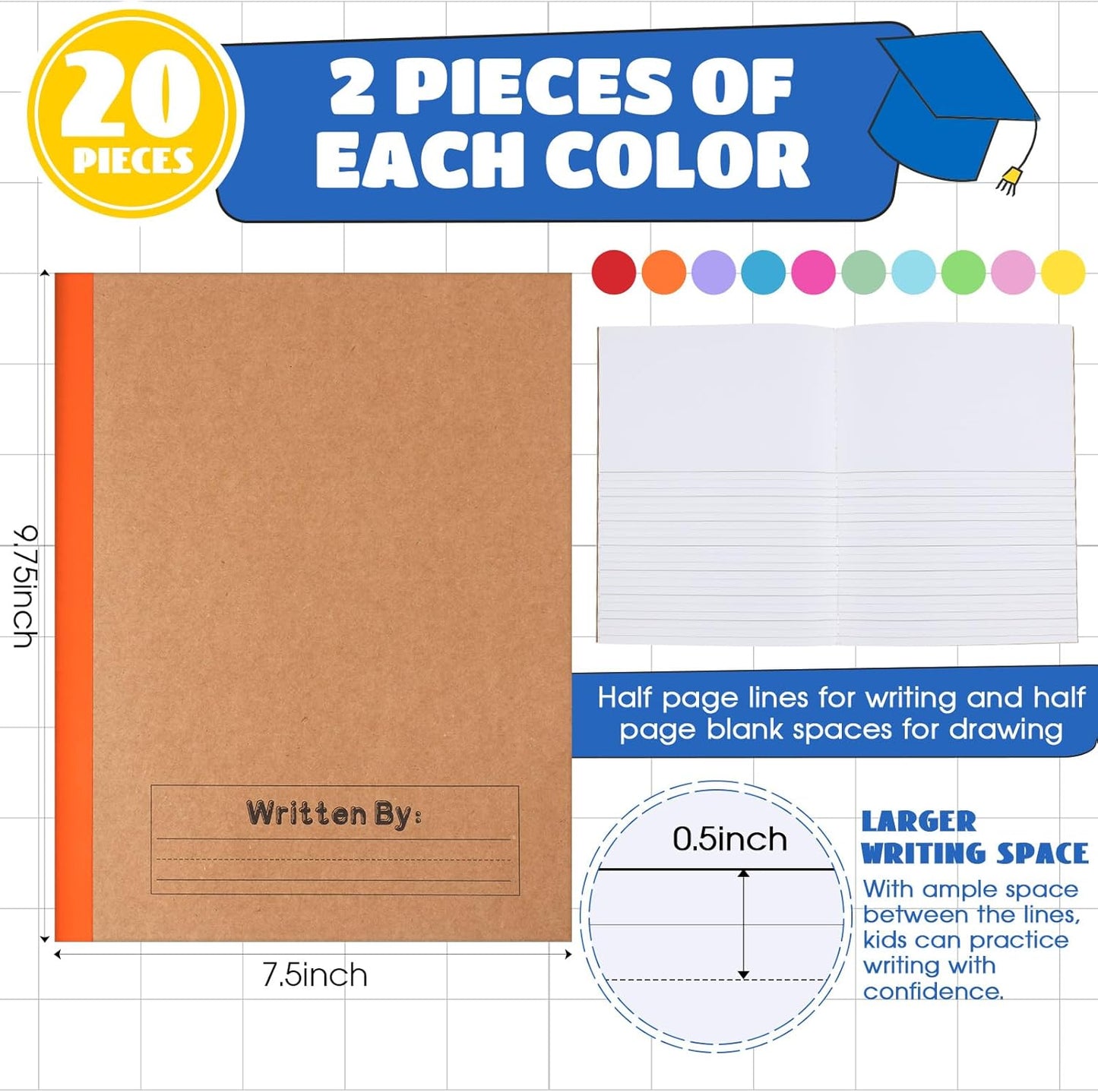 (20 PK) Primary Composition Notebook 9 3/4 x 7 1/2" Back to School Supplies, K-2 Primary Writing Notebook for Kids Student Draw and Write Story Journal (Classic Color)