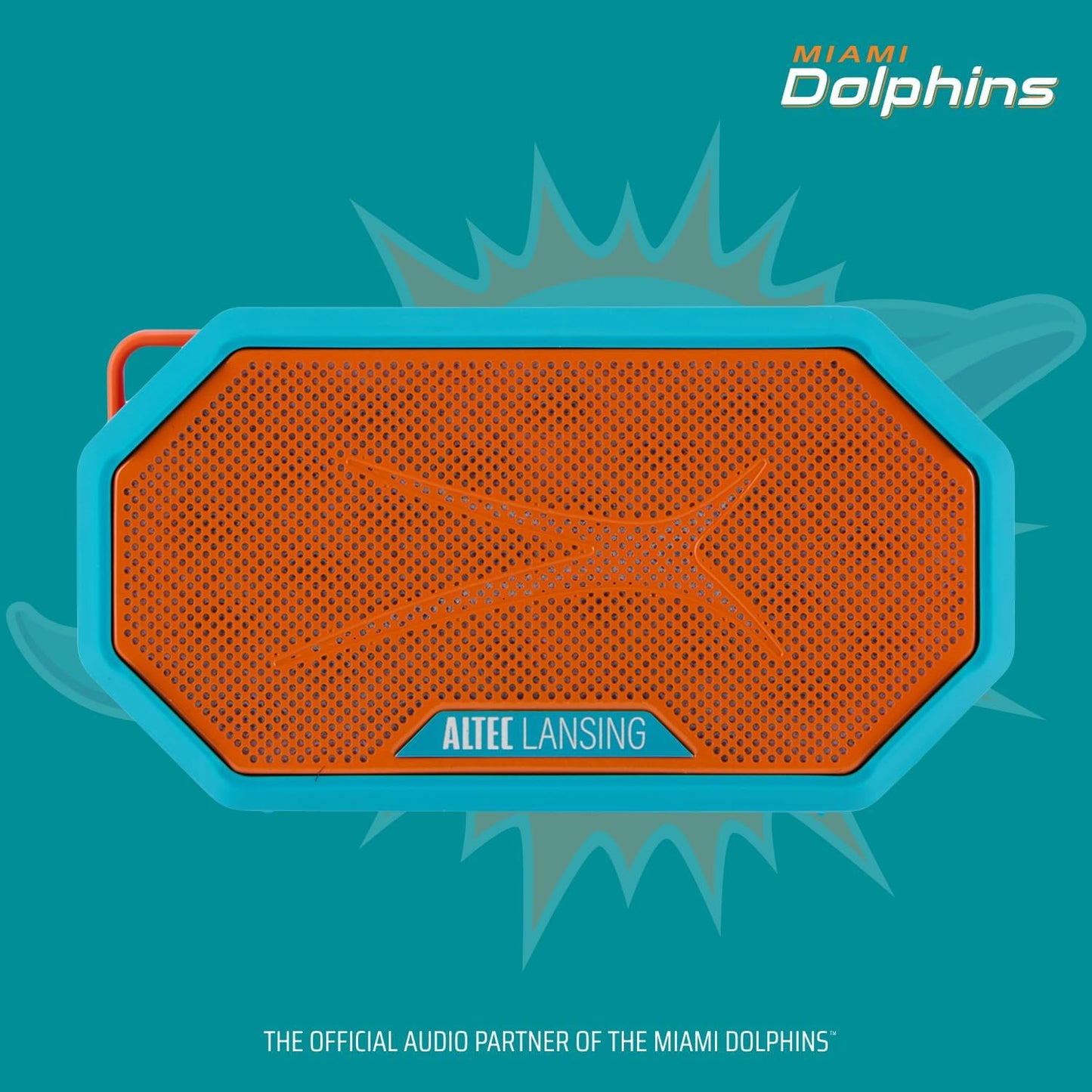 Altec Lansing x Miami Dolphins - Draagbare Bluetooth-luidspreker HYDRAMINI 2.0, IP67 Waterdig, 8W Uitset, 12h Speeltyd, USB-C Vinnige Laai, Stemassistent-integrasie (Miami Dolphins)