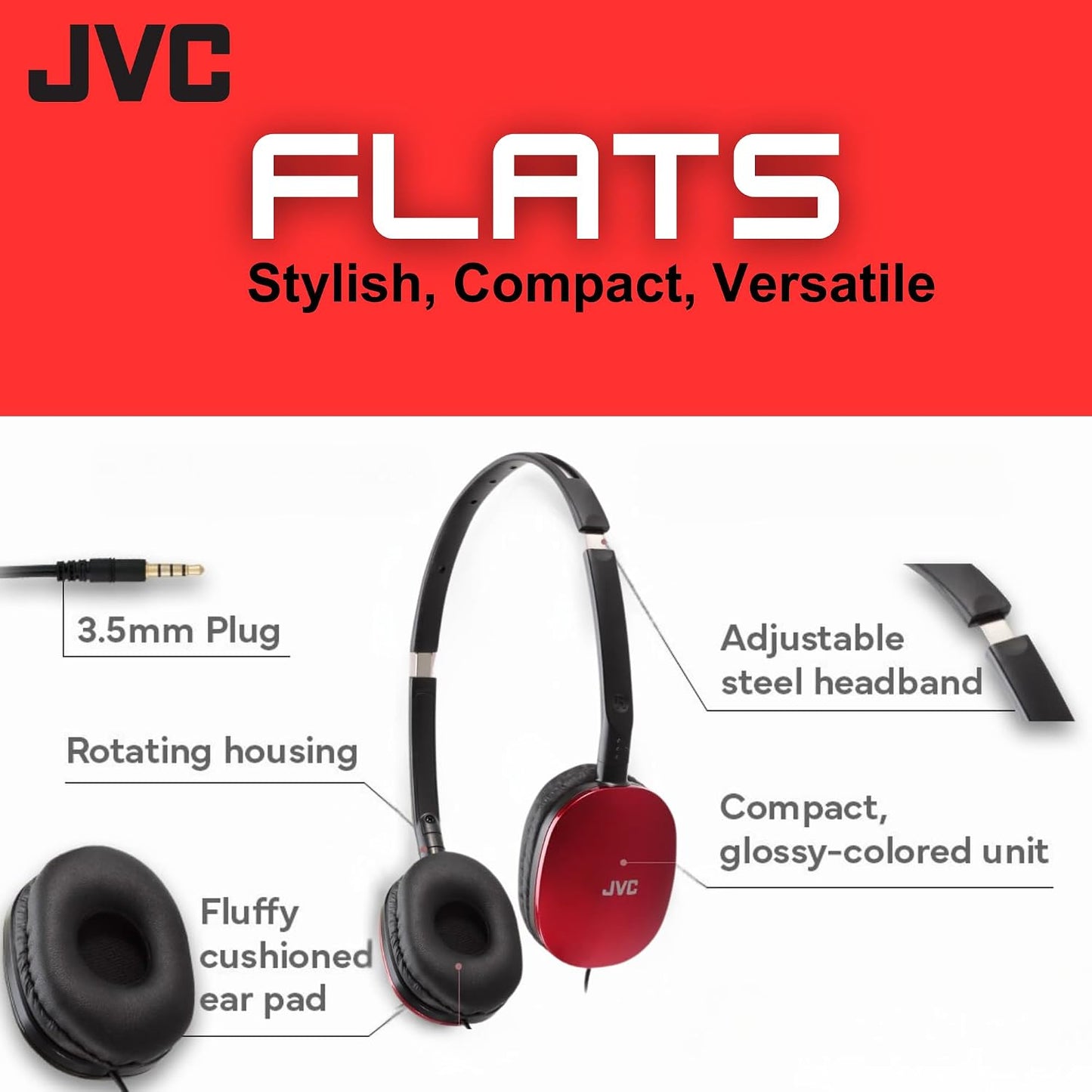 JVC Flats On-Ear Wired Headphones - Flat Foldable Design - 30mm - Red