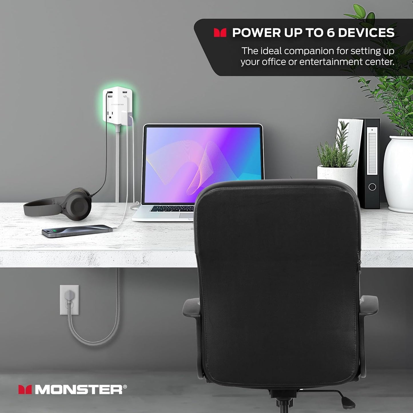 Monster Power Shield: Magnetic Wall Outlet Extender, Multiple Plug Outlet with 2 AC Outlets, 3 USB-A Ports, & 1 USB-C Port (20W)