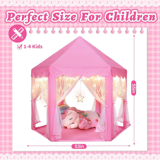 Monobeach Prinseskasteel-speeltent vir Dogters - Groot 55'' x 53'' Speelhuis met Sterliggies vir Binne- en Buitegebruik