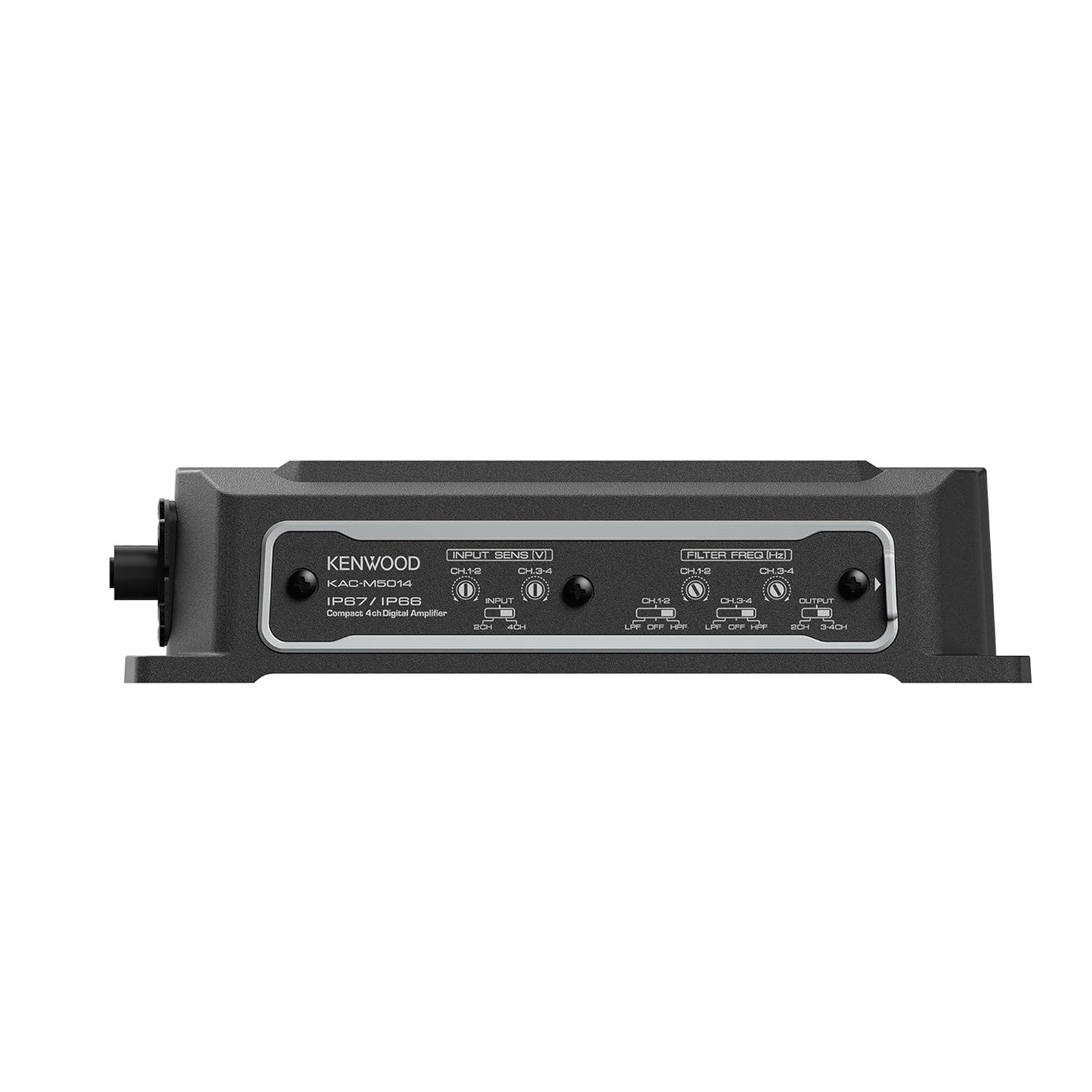 KENWOOD KAC-M5014 4-kanaal kompakte digitale versterker (600W) vir motors, marine, UTV- en motorsportvoertuie, soliede korrosiebestande aluminiumonderstel, IPX6, IPX7 & IP6X gesertifiseer en vibrasiebestand
