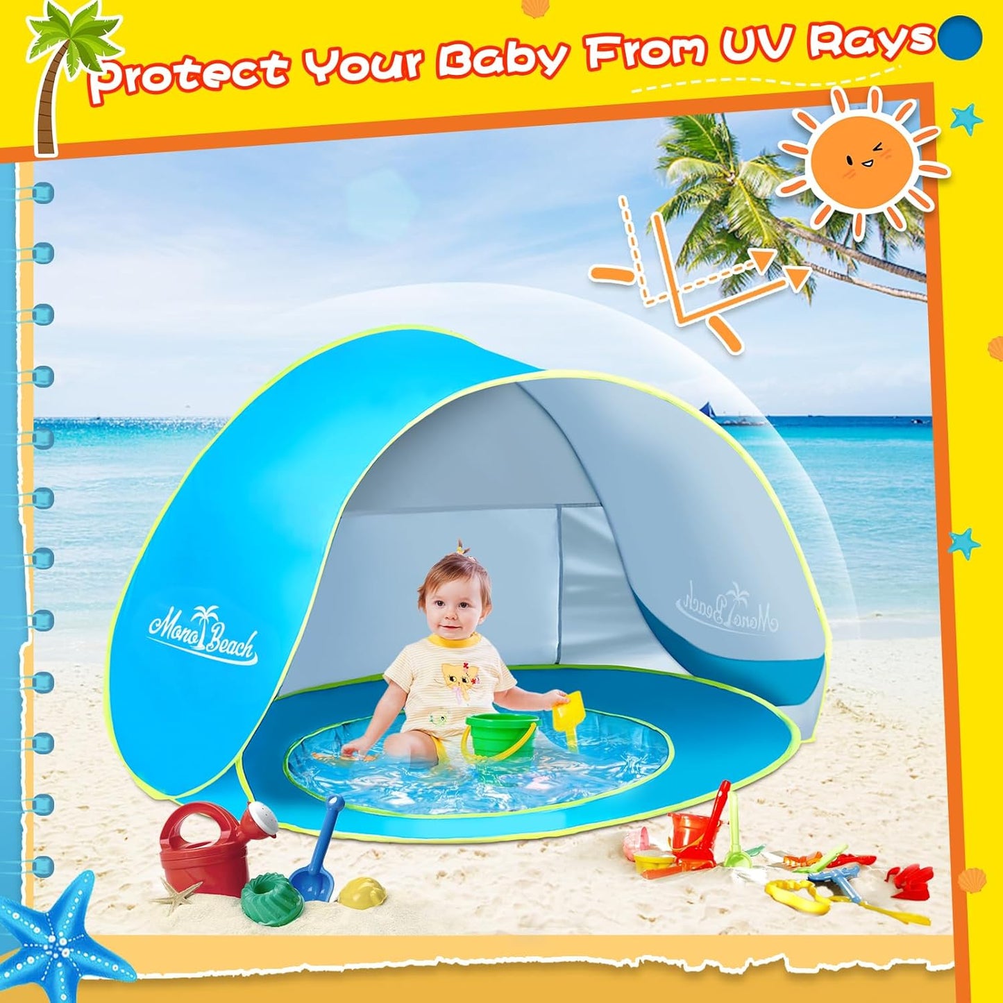 Beach Tent with Beach Sand Toys Pop Up Portable Shade Pool UPF50+ UV Protection Sun Shelter for Infant with Easy Set Up Canopy (Blue with Toys)