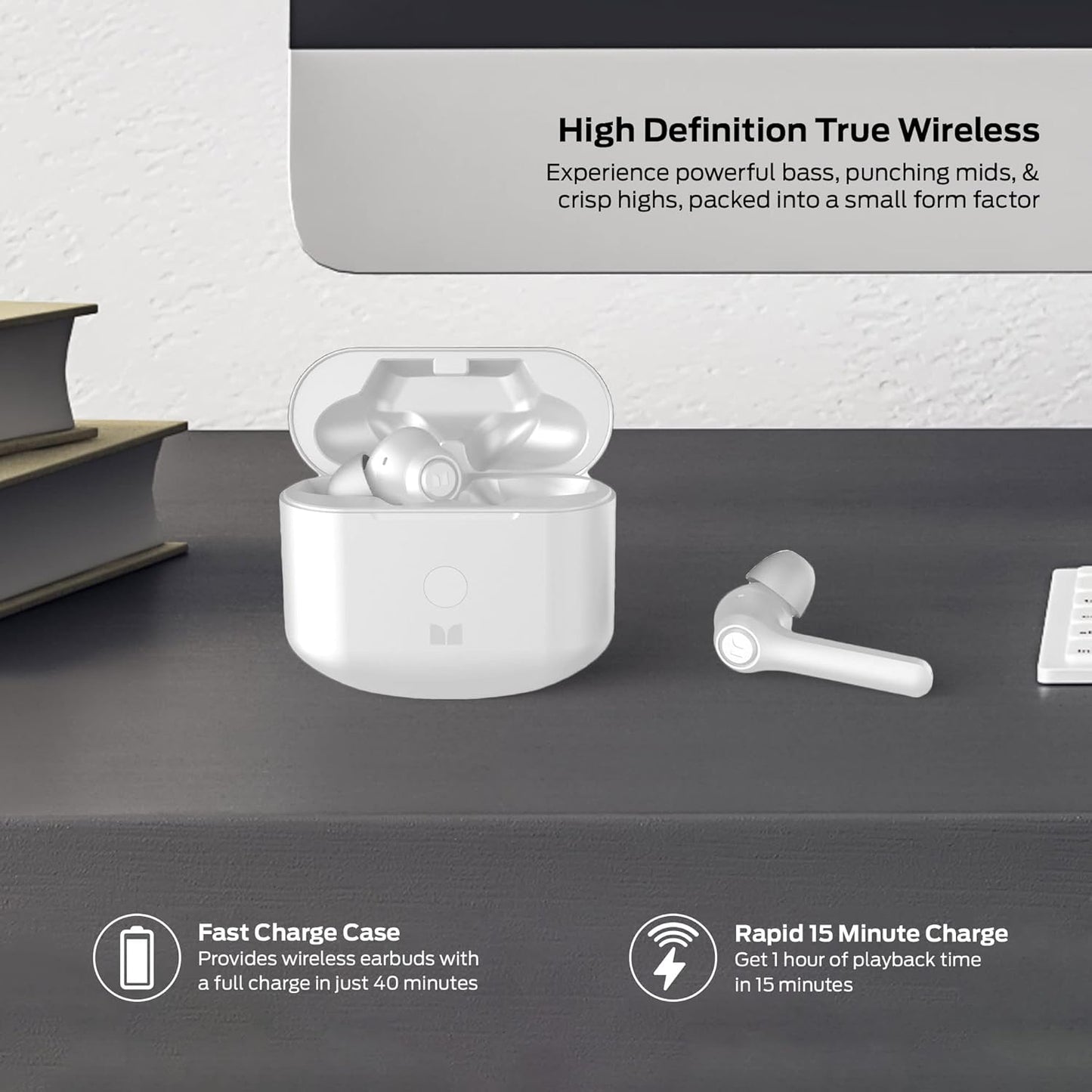 Monster Verse True Wireless Earbuds with Charging Case, Bluetooth 5.0 in-Ear Stereo Headphones, Built-in Mic for Clear Calls, USB-C Quick Charge (White)