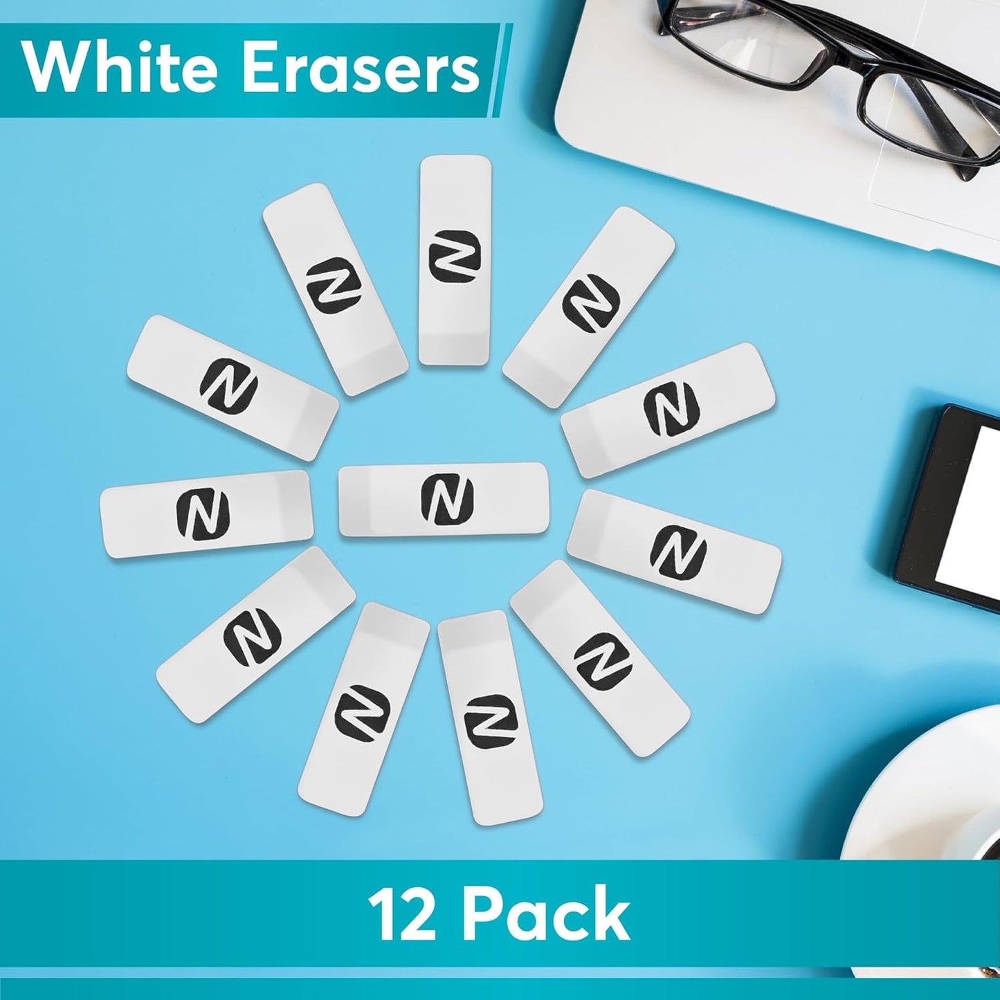 White Erasers for Kids – 12-Pack Bulk Pencil Erasers for School, Office, and Art Use – Soft, Latex-Free, Smudge-Free Erasers for Writing, Drawing, Sketching, and Exams
