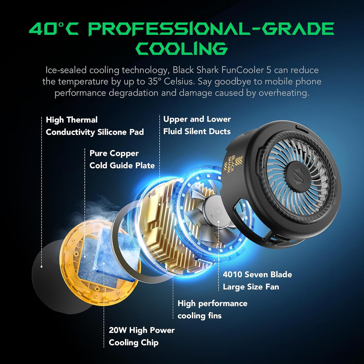 Black Magnetic Phone Cooler for Gaming w/ RGB Lights, Portable Magnetic Cooling Fan with App Control