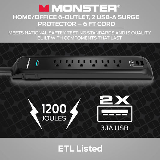 Monster 6ft Swaar Diens Swart Kragstrook en Toring Oorstroombeveiliger, 1200 Joule Gradering, 6 120V-Afsetpunte, en 2 USB-A Poorte - Ideaal vir Rekenaars, Tuisflieks, Huishoudelike Toestelle, en Kantoortoerusting