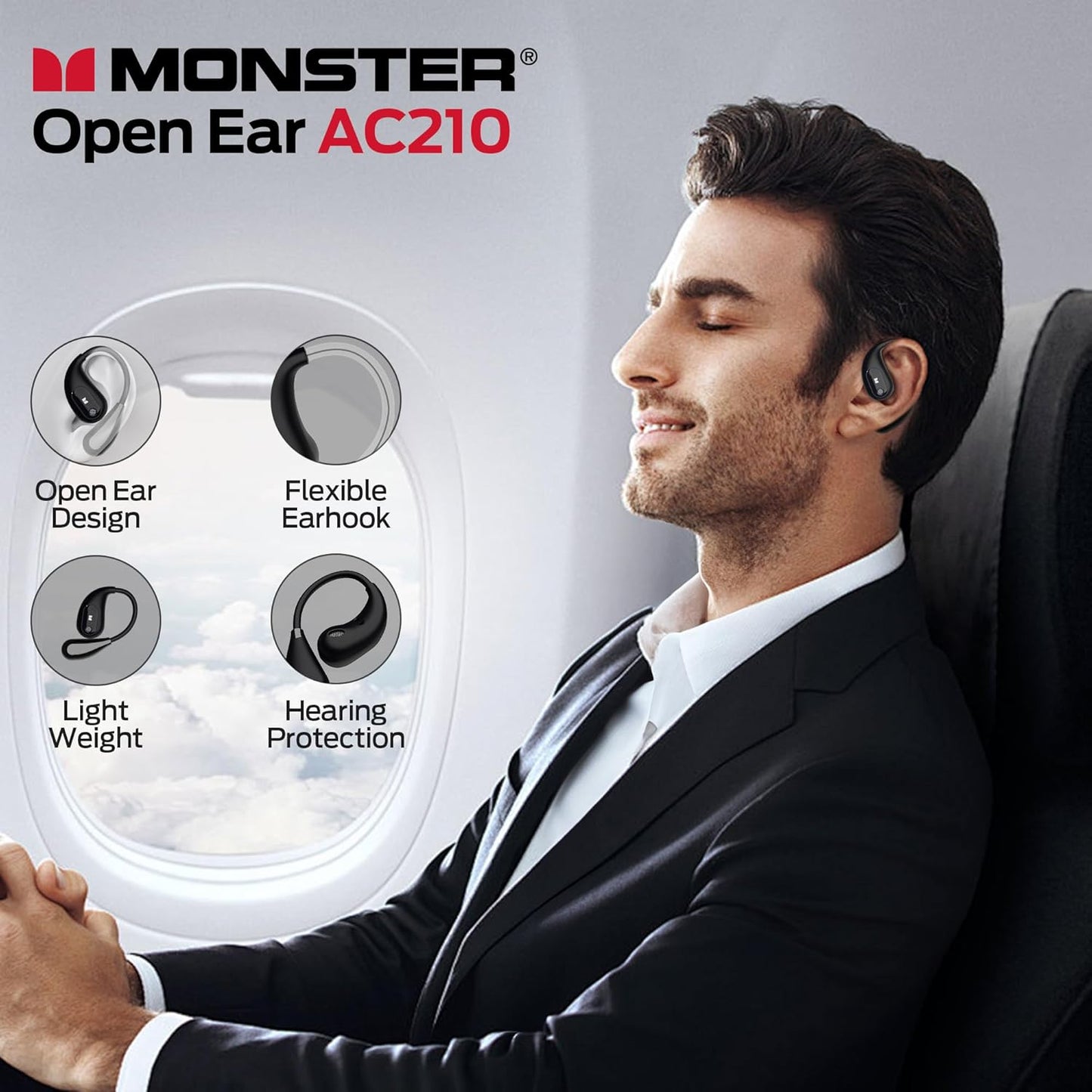 Monster Open Ear Headphones, Bluetooth 5.4 Earphones Wireless - Touch Control, IPX6 Waterproof Open Ear Earbuds (Black)