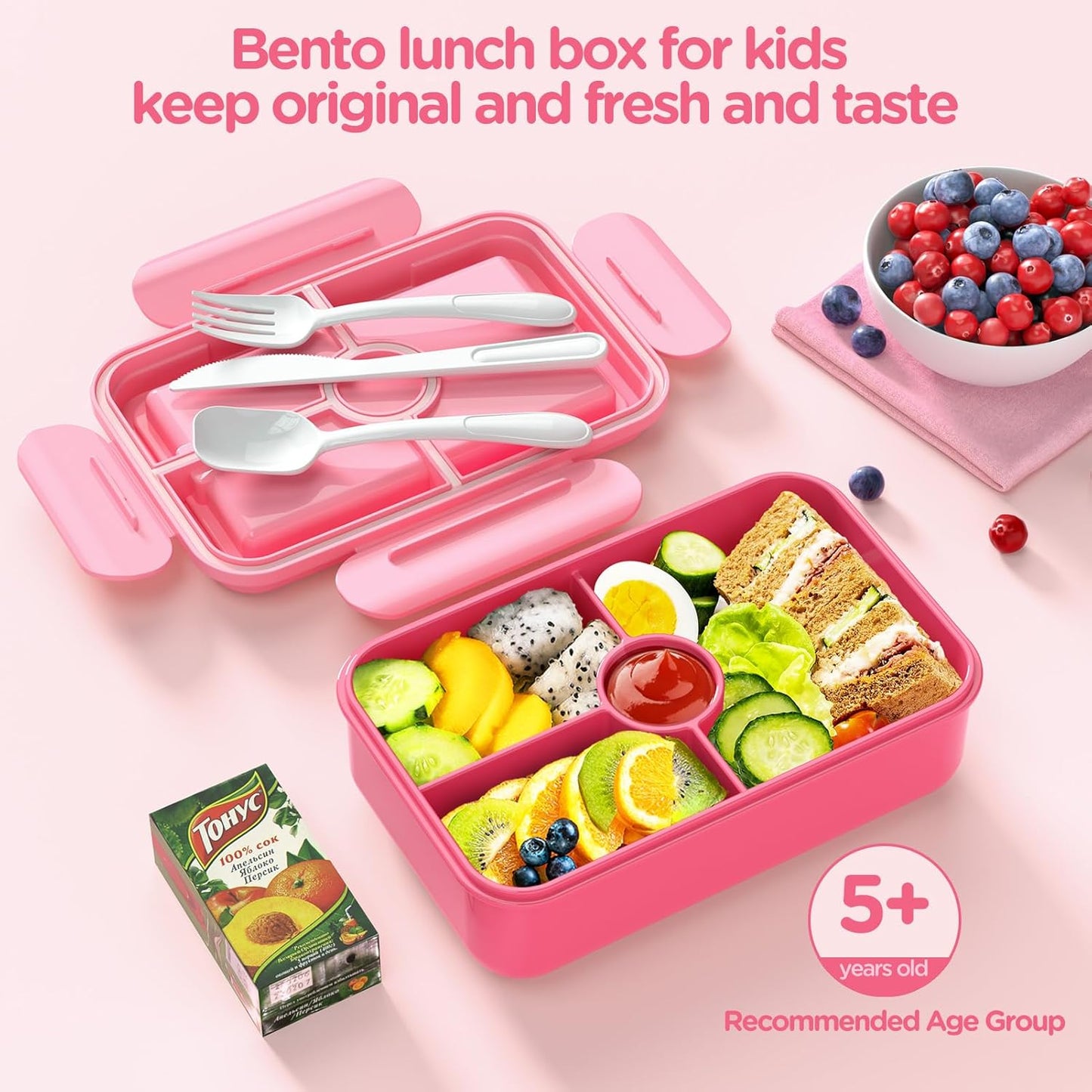 Bento Box - Leak-Proof, 4-Compartments Large Bento-Style Kids Lunch Box w/ Tableware - Princess
