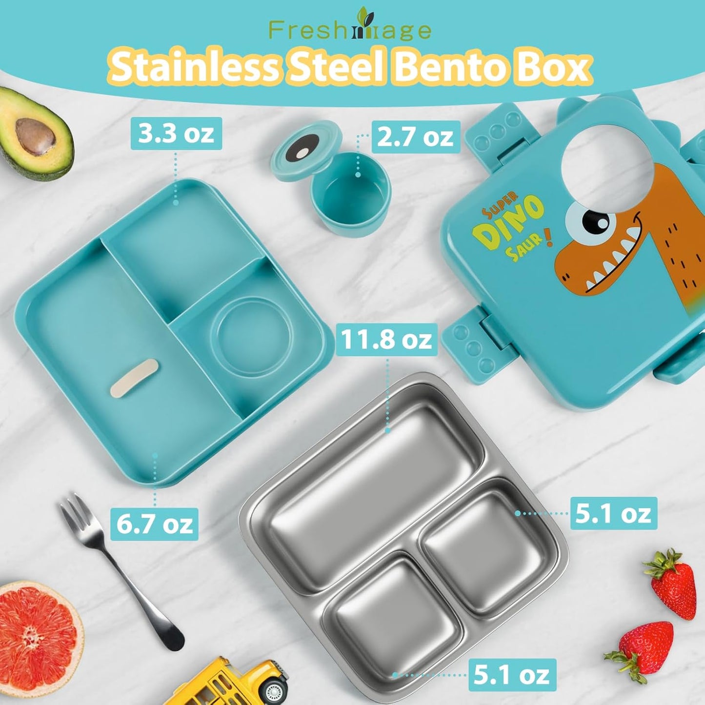 Freshmage Dubbellaag-bento-houer van vlekvrye staal met 3 kompartemente, groot kapasiteit lekvaste en BPA-vrye bento-middagetebox, duursaam, drupbestand, skottelgoedwasser-veilig, blou