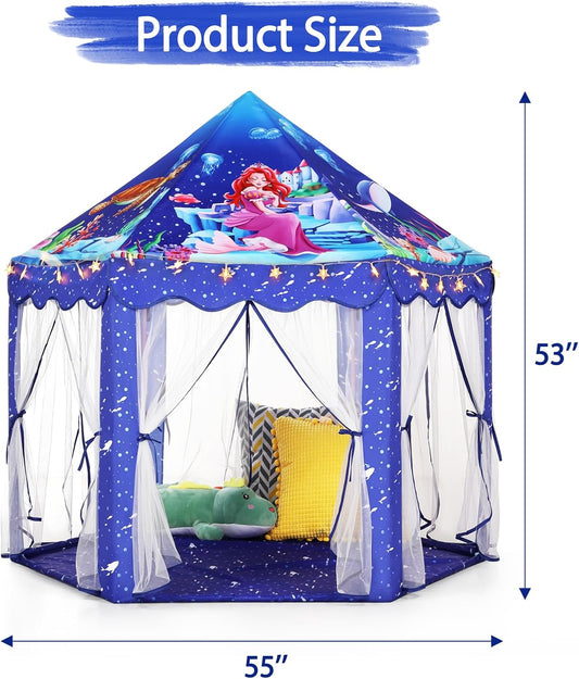 Monobeach Meermin Prinses Tent Dogter Blou Groot Speelhuis Kinders Kasteel Speel Tent met Sterliggies Geskenkspeelding vir Kinders Binne en Buite Speletjies
