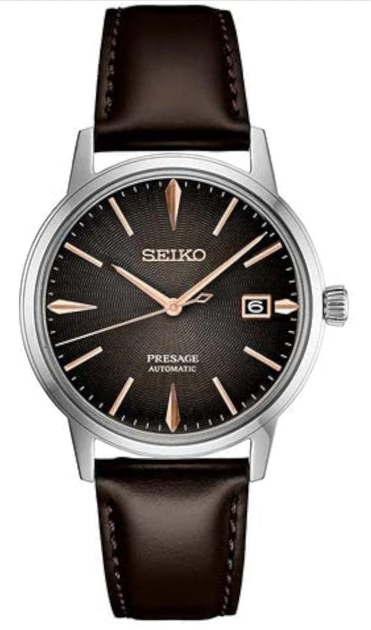 SEIKO Outomatiese Horlosie vir Mans - Presage Versameling - Grys/Bruin Plaat met Datumkalender, Vlekvrye Staal - Waterbestand 50M