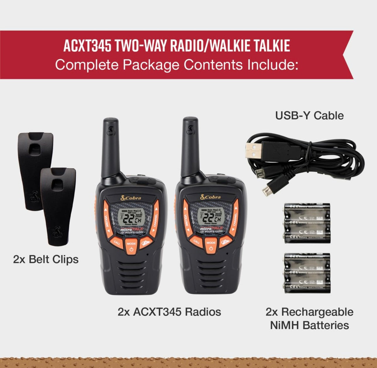 Cobra ACXT345 Weerbestande Radios - Herlaaibaar, 22 Kanale, Langafstand 25 Myl Tweerigting Radiostel (2-pak)