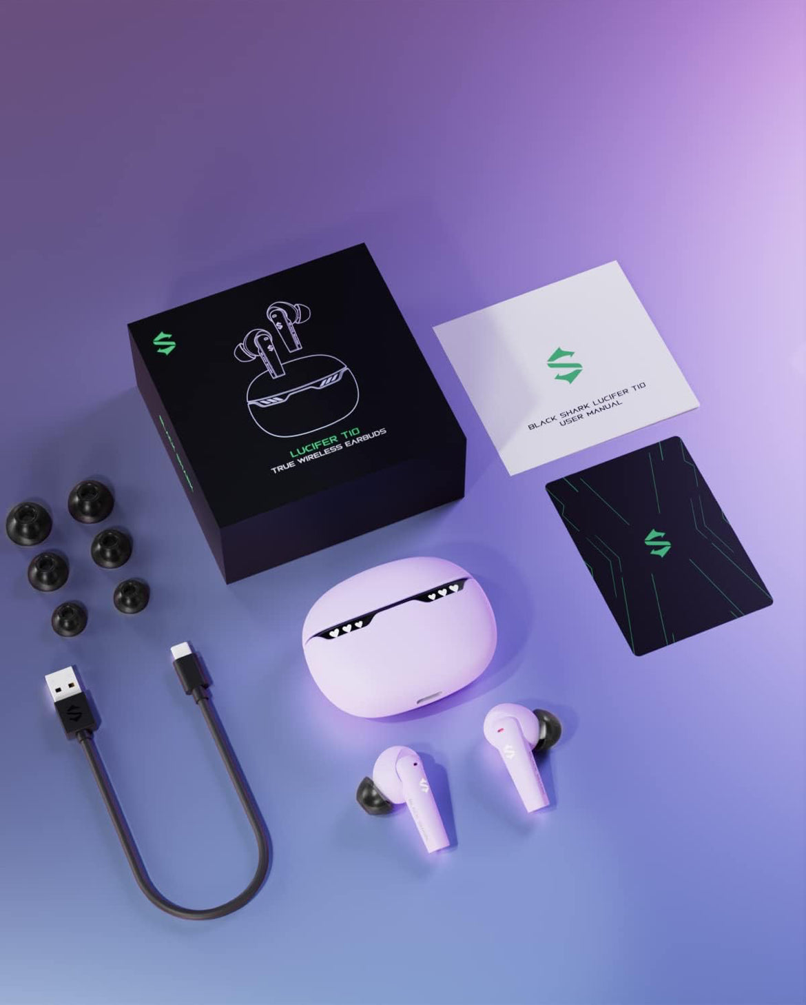 Black Shark Wireless Earbuds w/ LED Light, 45ms Ultra Low Latency - IPX5 Waterproof - Purple