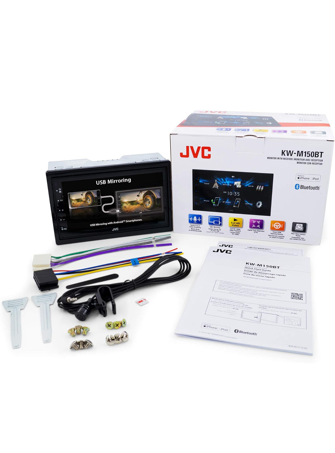 JVC KW-M150BT Bluetooth-motorstereo-ontvanger met USB-poort – 6.75"-raakskerm – AM/FM-radio – Dubbel-DIN MP3-speler – 13-band-EQ (Swart)