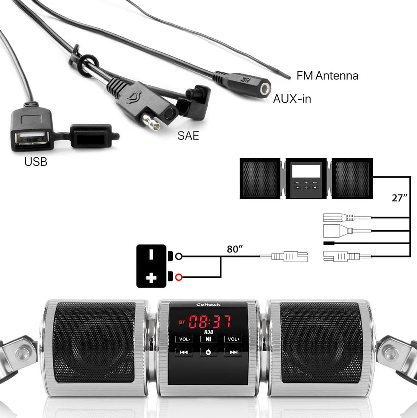 Motorcycle Bluetooth Speakers, Waterproof Radio Audio System
Built-in Amplifier, FM Radio, AUX Input, USB, Great for ATV, Scooter Bike,12 Volt Vehicle