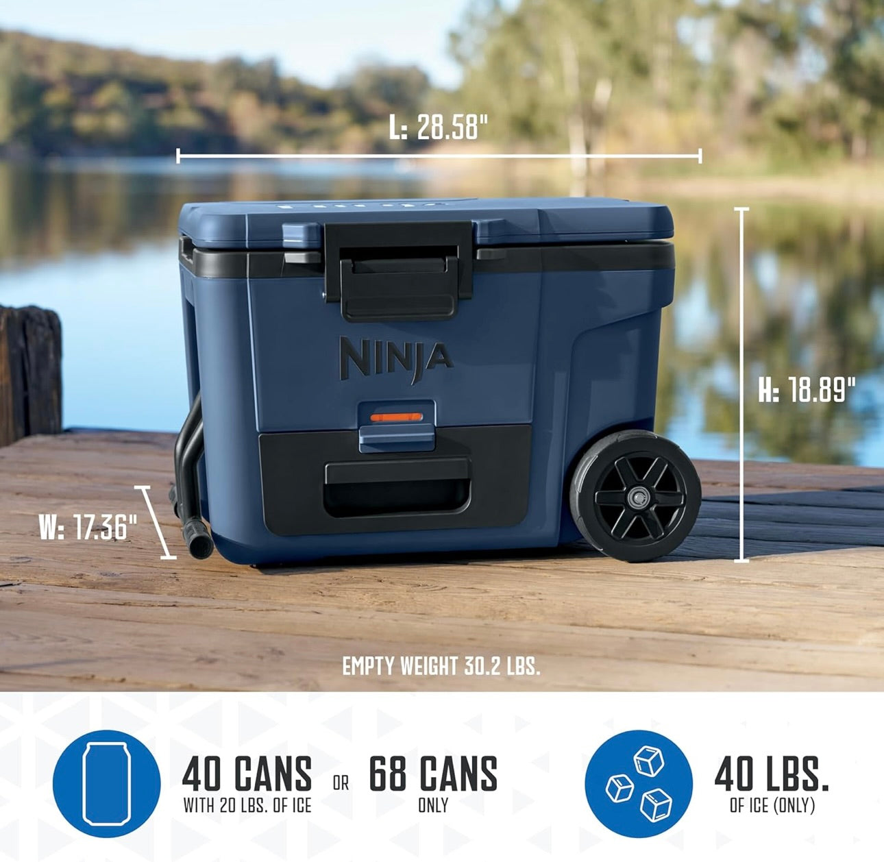 Ninja Cooler FrostVault 45QT Koeler met Wiele Geïsoleer met Temp Droëberglaai Hou Ys Dae Lank Koud - Lakeshore Blou (FB245BL)