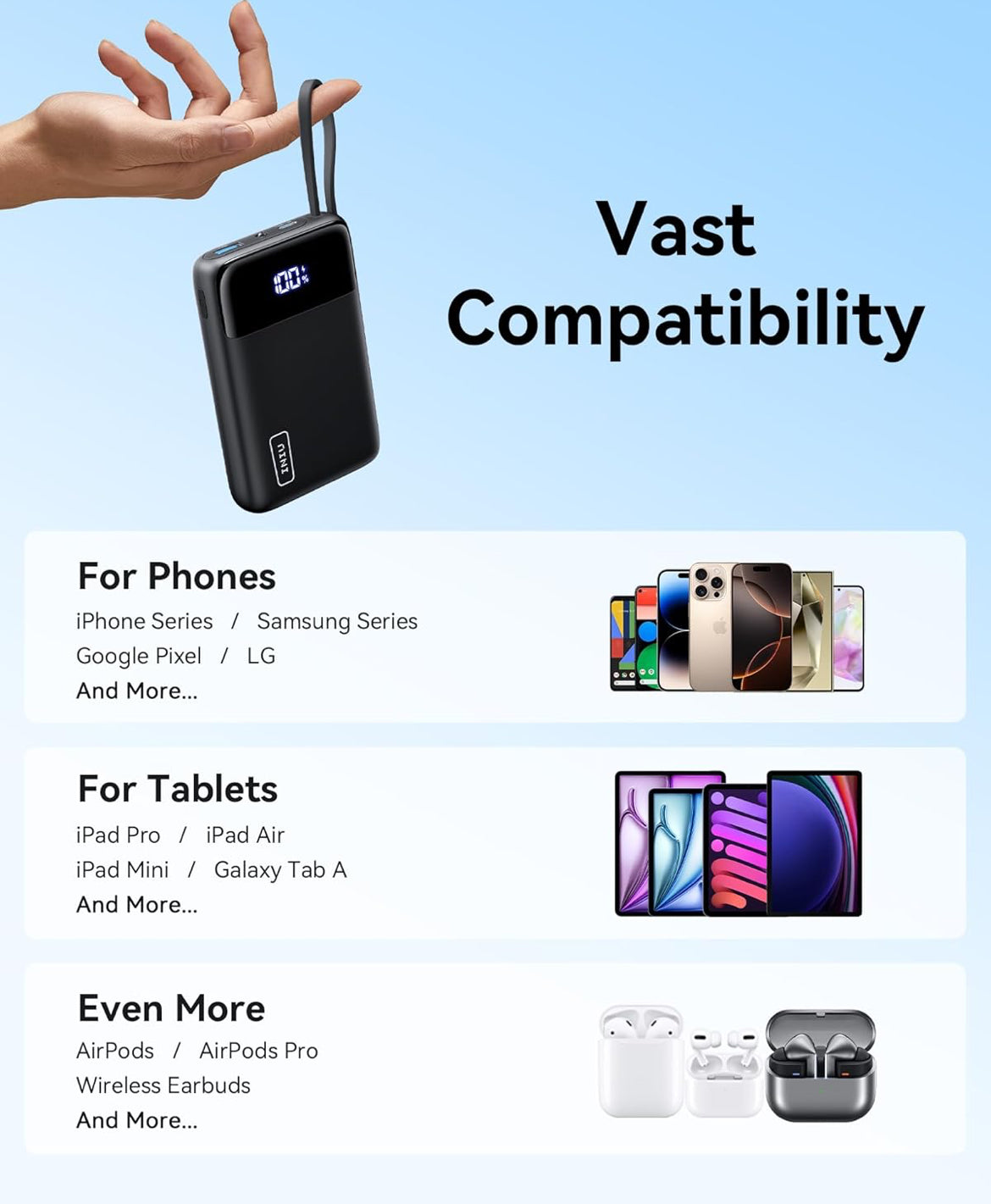 INIU 45W Draagbare Laaier, Kleinste 20000mAh Kragbank met Ingeboude USB-C Kabel, Vinnig Laaiende USB C In&Uit Battery Pak, Reisfoonlaaier vir iPhone 16 15 Samsung S25 S24 Google iPad ens.