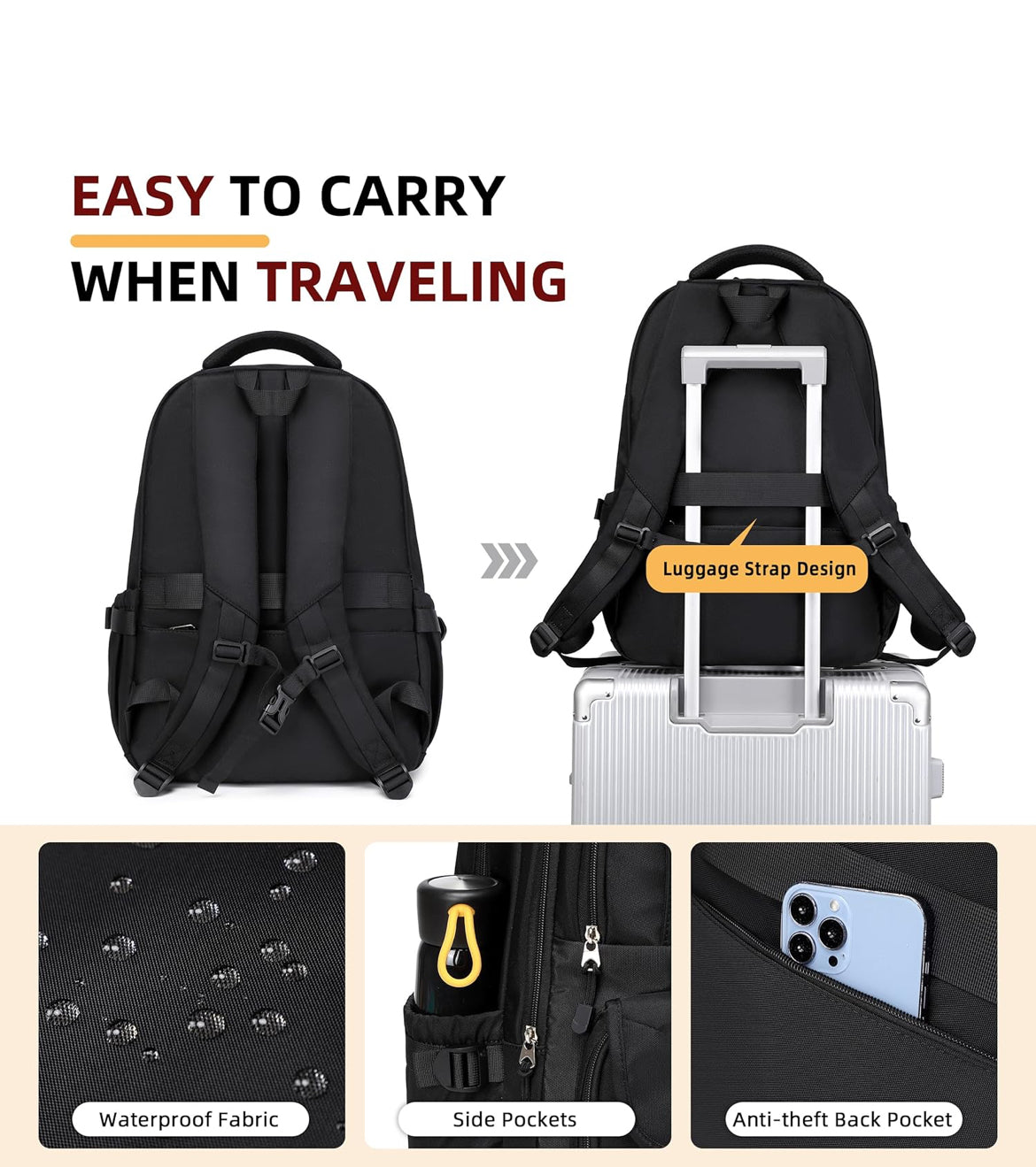 College Backpack, Travel Laptop Backpacks, Large Kids School Bag for Teens Girls Boys Students Bookbag Fit for 15.6 Inch Computer Waterproof Business Work Back Pack for Women Men Daypack Black
