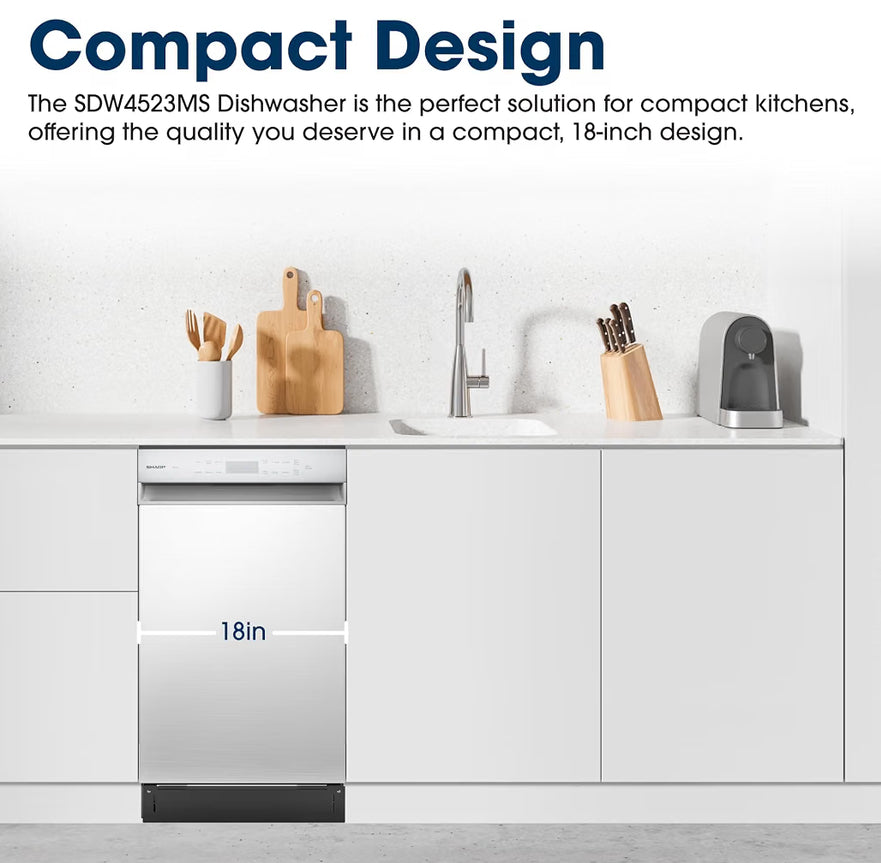 Sharp SDW4523MS 18-Inch Built-In Dishwasher, Stainless Steel, 47 dB, Third Rack, 8 Place Settings, 6 Wash Cycles
