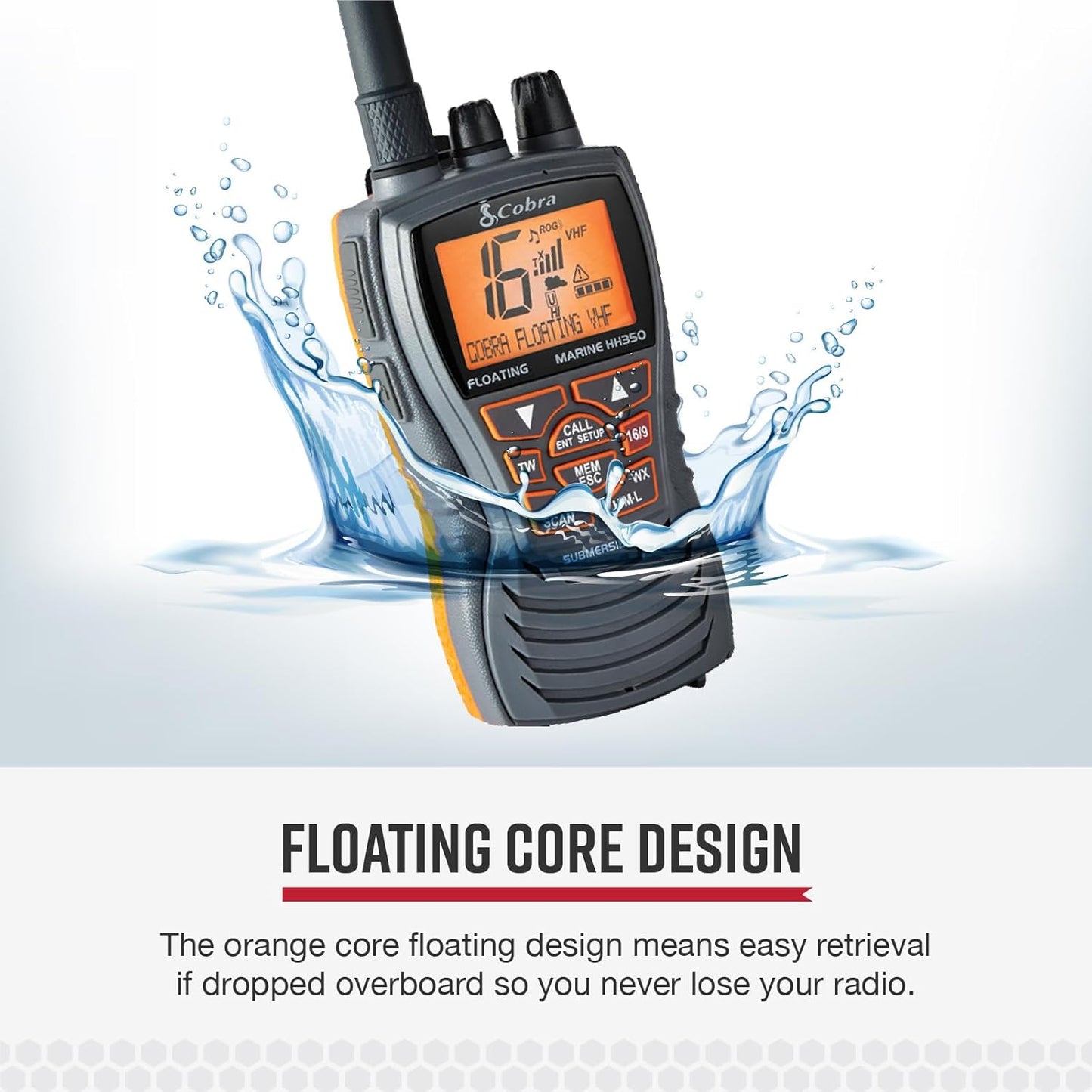 Cobra MR HH350 FLT Handheld Floating VHF Radio - 6 Watt, Submersible, Geraasdempende Mik, Verligte LCD-skerm, NOAA Weer, en Geheue Skandering, Grys