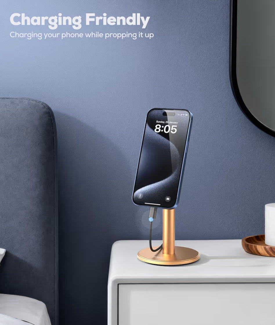 Magnetiese Telefoonstaander Volledig Aluminium, 360° Draaibaar vir Lessenaar met Metaalring, Verstelbare Houer met MagSafe-tas - Goud