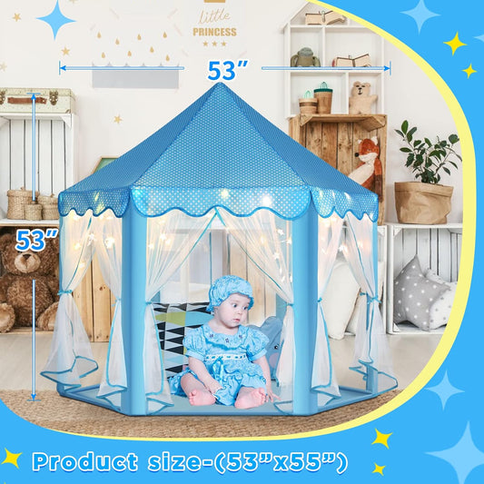 Monobeach Prinses Speel Tent Meisies Groot Speelhuis Kinders Kasteel Speel Tent met Sterretjie Liggie Speelding vir Kinders Binne- en Buitemuurse Speletjies, 55'' x 53'' (DxH) (Blou Prinses Tent met Sterretjie Liggies)