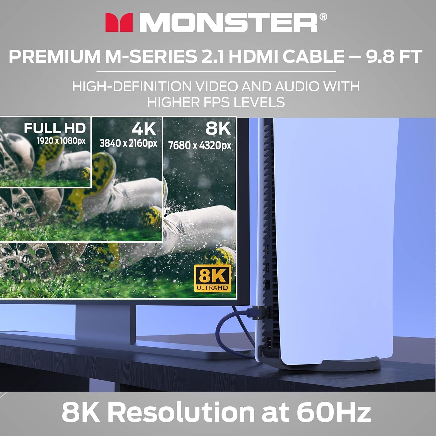 Monster M-Series 3000 Gesertifiseerde Premium 8K Hoëspoed HDMI-kabel - 2.1, 4K 120Hz HDMI-kabel, 48 Gbps - HDMI-kabels vir Apple TV, Roku, Smart TV, Skootrekenaar, Monitor - 9.8 vt