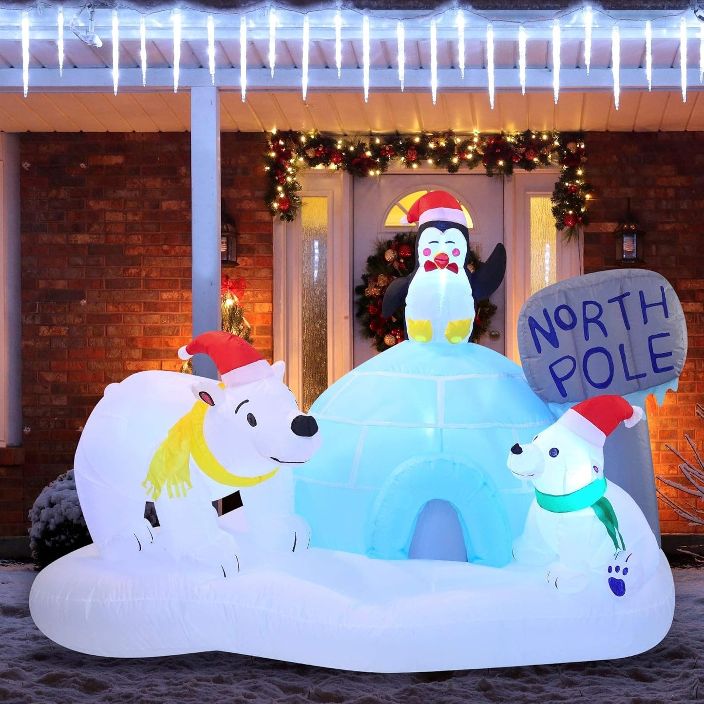 (6FT) Long Christmas Inflatable North Pole w/ Build-in LEDs, Blow Up Polar Bears & Penguin Holiday Season Decorations