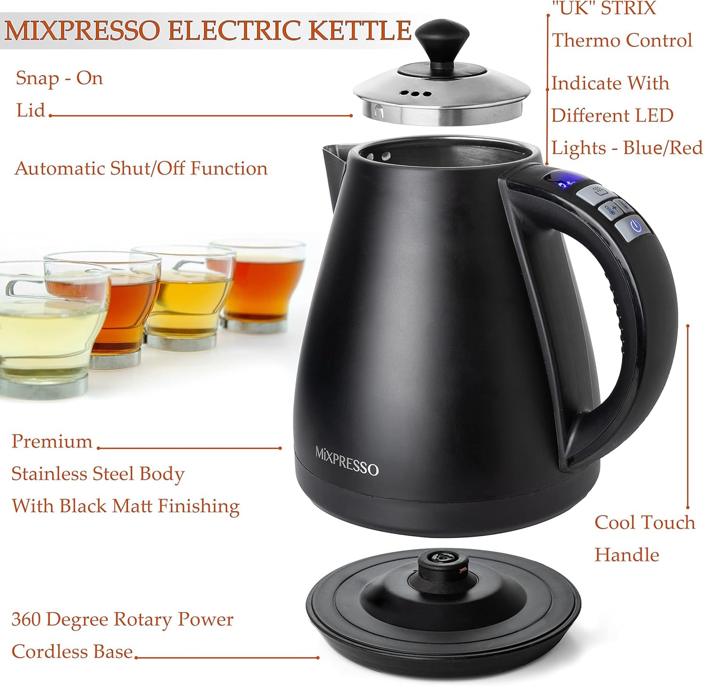 Mixpresso elektriese ketel met temperatuurbeheer, warmwaterketel elektries, koordloos, 1 liter-kapasiteit, hou warm- en LED-aanwyser, outomatiese afskakeling, droogkookbeskerming, swart elektriese ketel