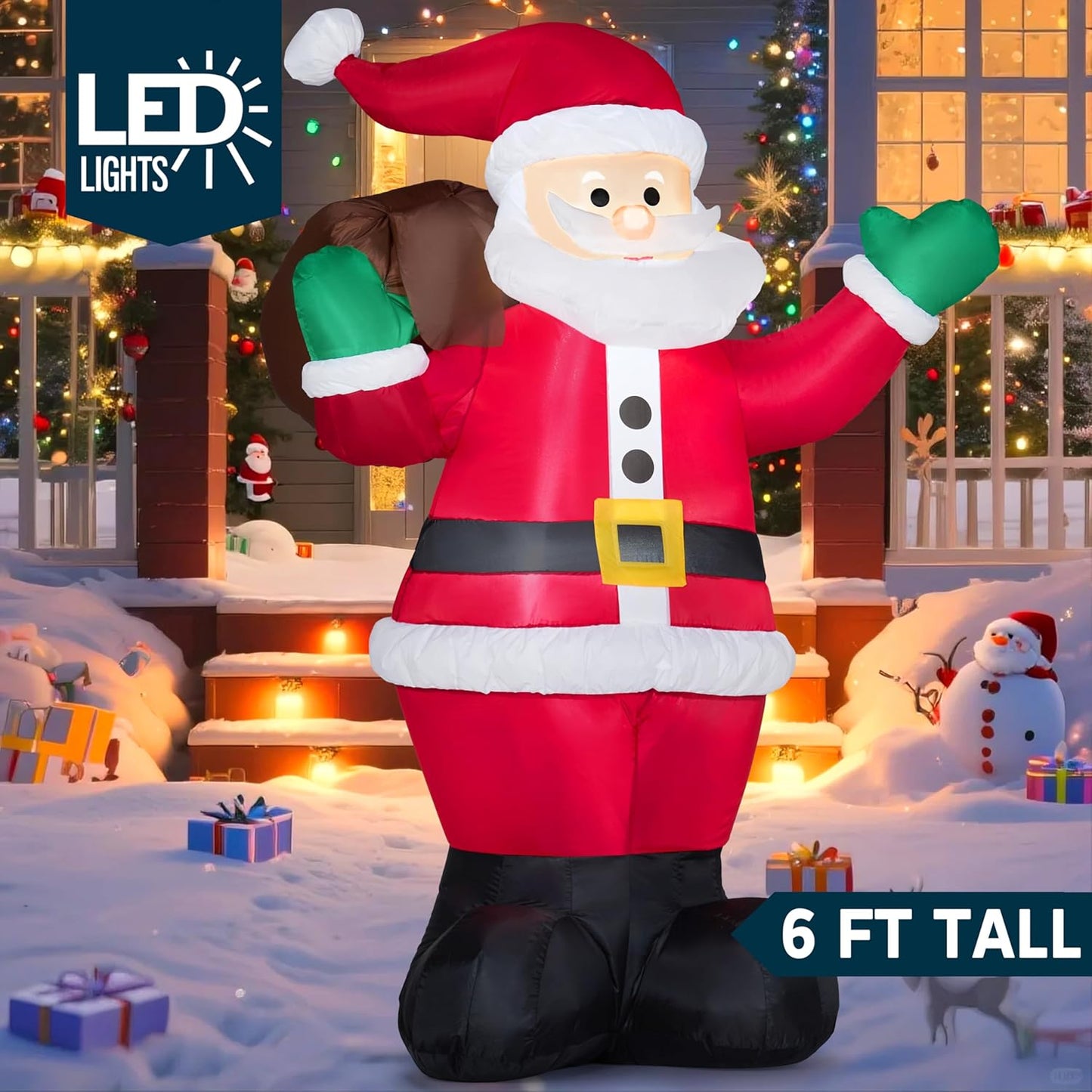 (6FT) Christmas Inflatable Santa w/ Gift Bag, Blow Up Decorations with Build in LEDs Decor