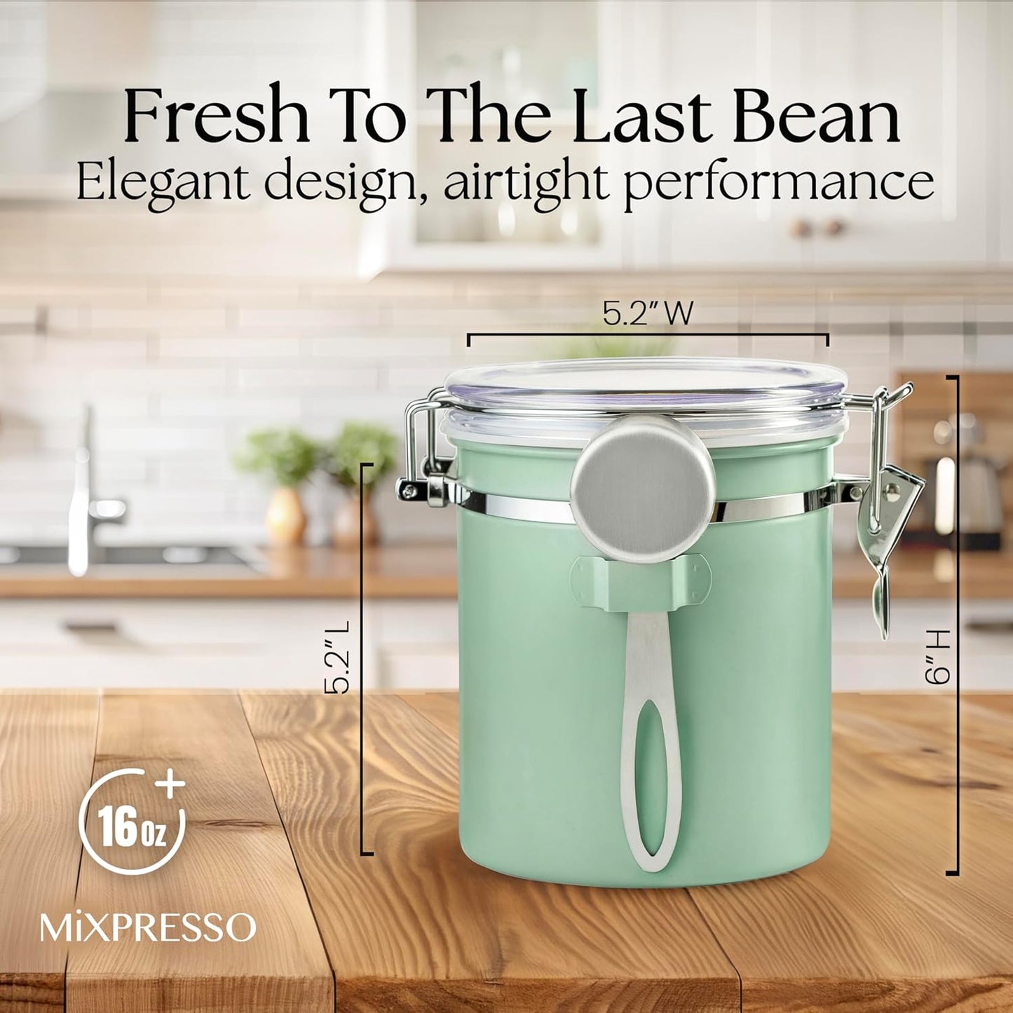 Mixpresso Groen Koffiekan, 16oz Lugdigte Vlekvrye Staal Kombuiskosbergingshouer met Deursigtige Deksel en Lepel. vir Gemaalde Koffie, Bone, Tee, Meel, Graankosse, Vakuumverseëlde Suikerhouer