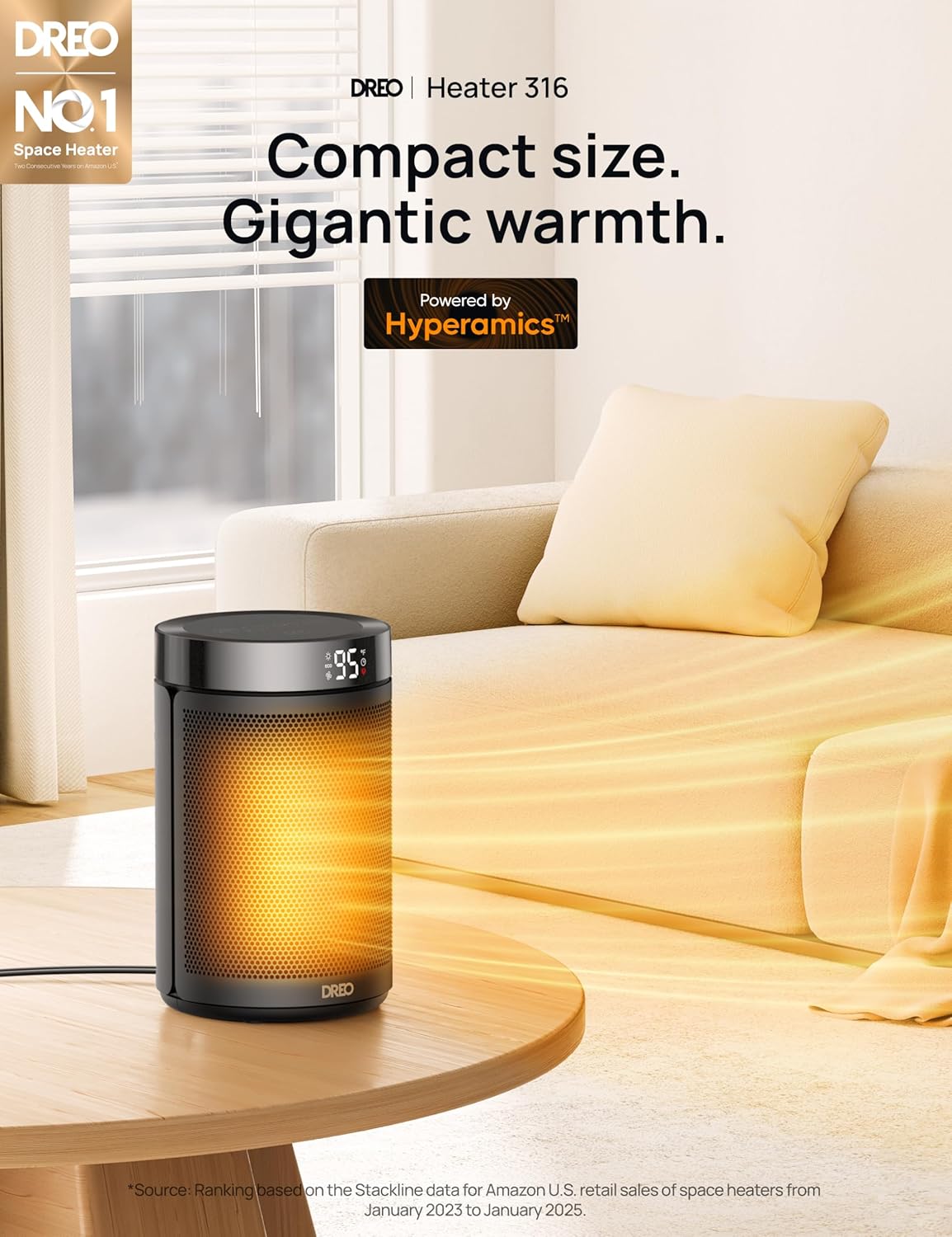 Draagbare Ruimteverwarmer vir Binnegebruik m/ Termostaat, Digitale Skerm, 1-12H Tydhouer, Eco-modus en Waaier-modus, 1500W PTC Keramiek - Swart