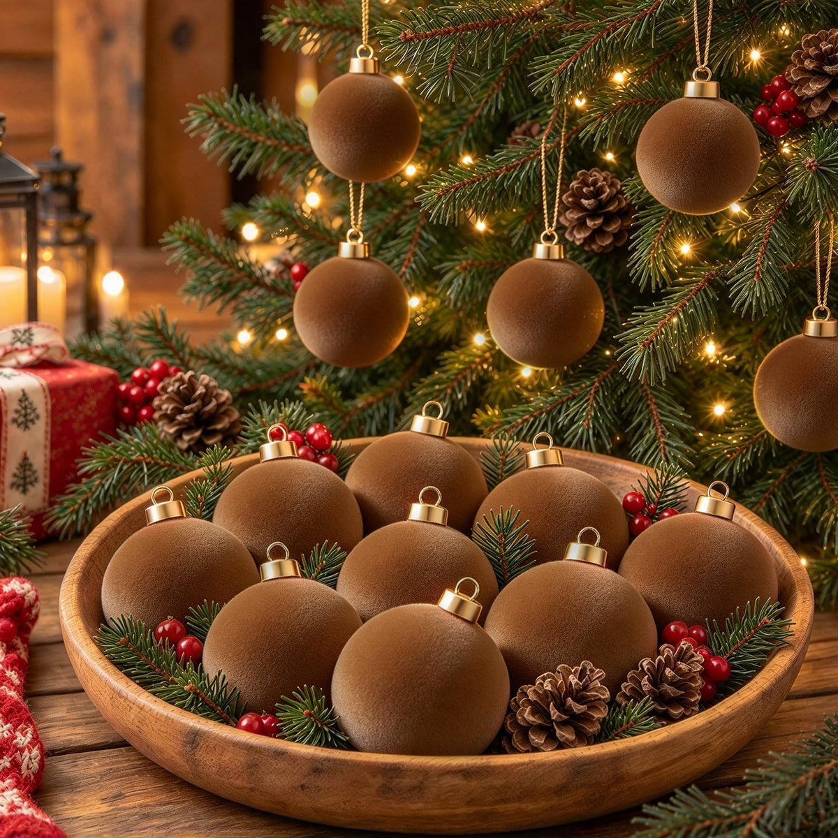 15 Pcs Brown Velvet Ornaments, 3.15" Large Velvet Balls for Christmas Tree
