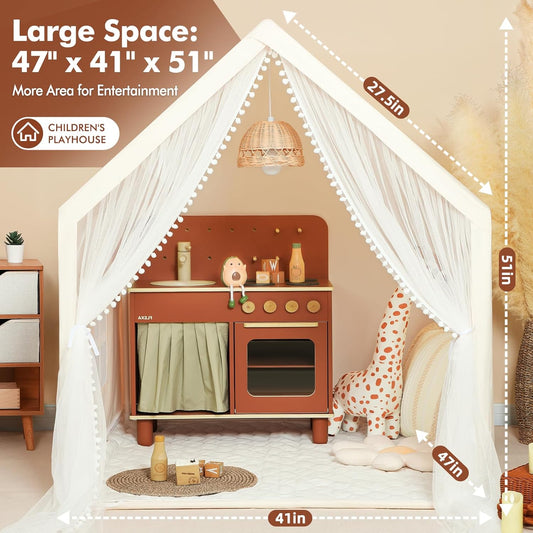 Monobeach Kinder Speel Tent Beige Speel Tent met Lang Gaas Gordyn Groot Speelhuis vir Binne Buite Speel Kothuis Kasteel Speelding vir Meisies Seuns Huis Geskenk (Beige Kinder Speel Tent met Mat)