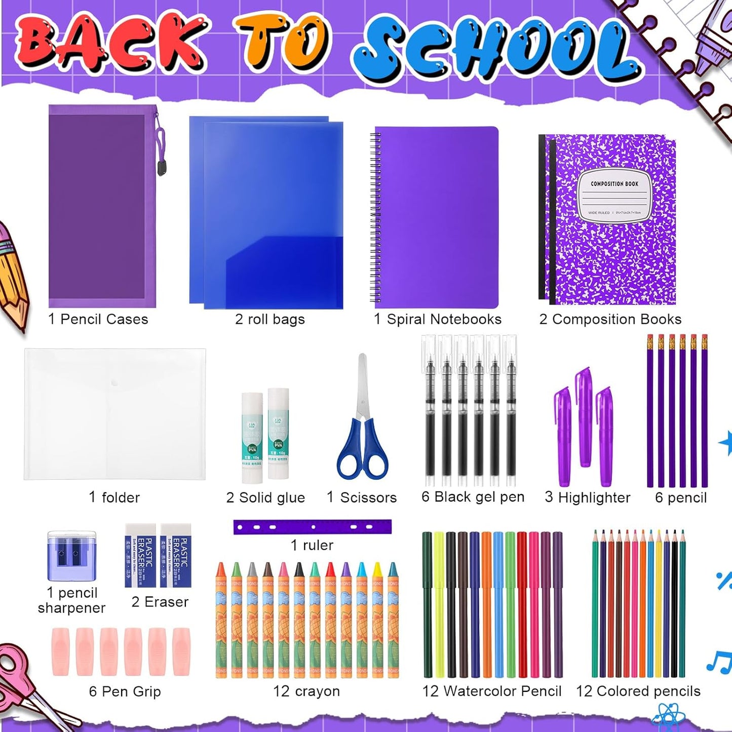 Back to School Supplies Essentials (39 PCS) Bundle Include Pencils Scissors Ruler Eraser Crayon Sharpener Notebook Pencil Case Folder Notebook(Purple)