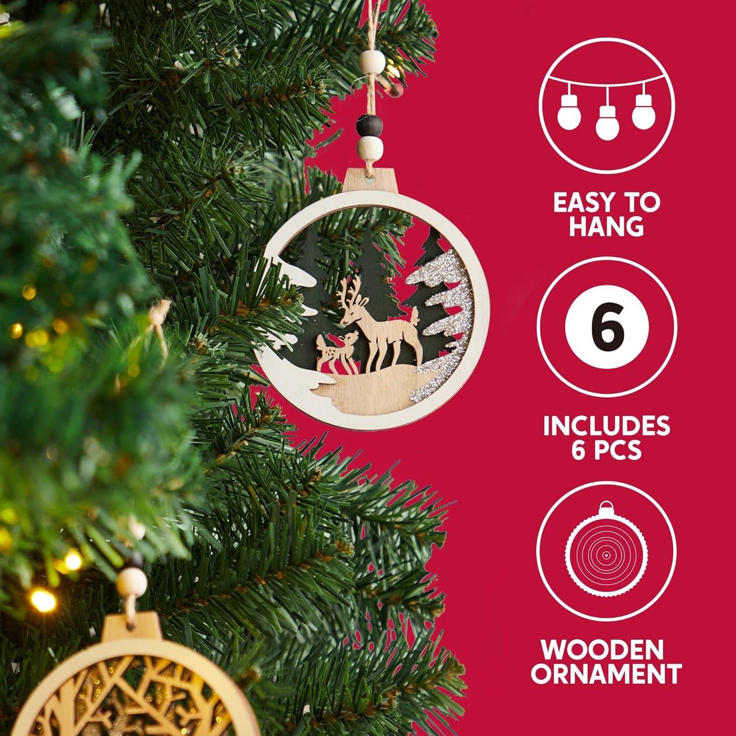 (6PCS) Christmas Wooden Ornaments Farmhouse Rustic Reindeer, Hanging Wood Ornaments - Rustic