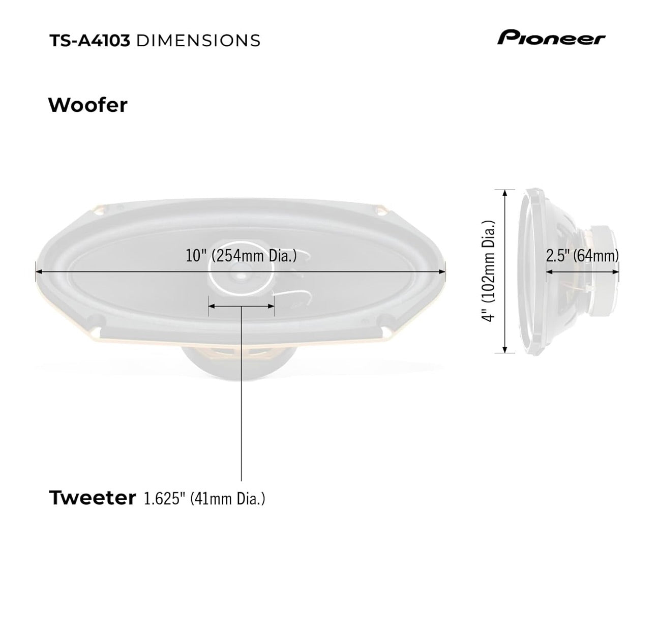 Pioneer TS-A4103, haut-parleurs audio de voiture 2 voies, gamme complète, qualité sonore claire, installation facile et réponse améliorée des basses, 4 haut-parleurs de 10 pouces