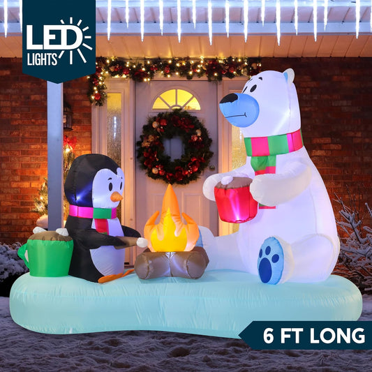 (6FT) Long Christmas Inflatable Polar Bear and Penguin w/ Campfire, Blow Up Yard Decoration Build-in LEDs Winter Décor